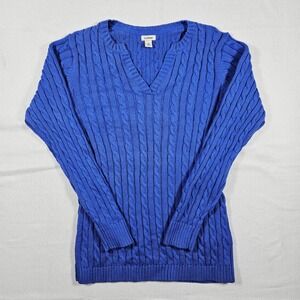 L L Bean Blue Cable Knit V Neck Sweater Women's Size Medium 100% Cotton